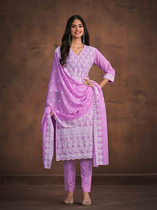 Embroidered Regular Chikankari Pure Cotton Kurta with Trousers & Dupatta