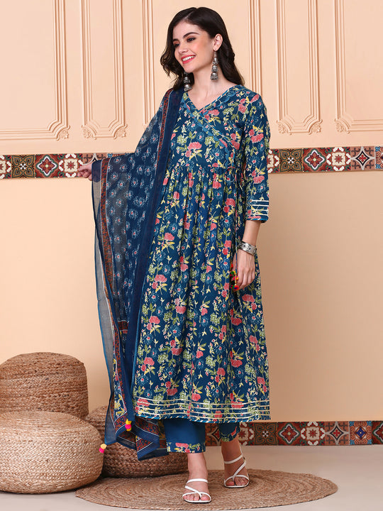 Floral Printed V-Neck Three-Quarter Sleeves Pure Cotton Kurta Set