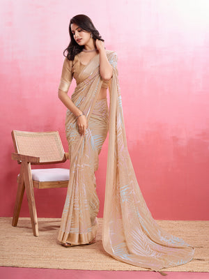 Peach Silk Georgette Festive Wear Saree With Blouse Piece