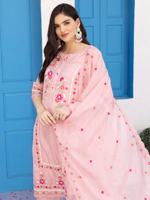 Floral Embroidered Round Neck Thread Work Straight Kurta with Trousers & Dupatta