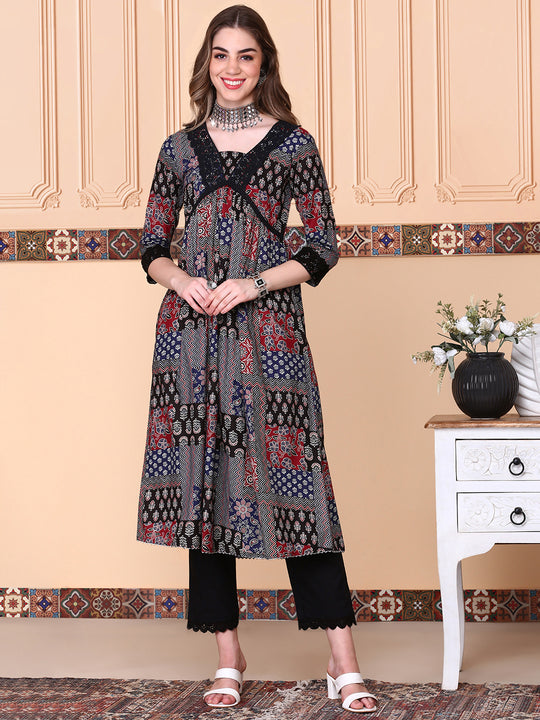V-Neck Floral Printed Empire Pure Cotton A-Line Kurta with Trousers