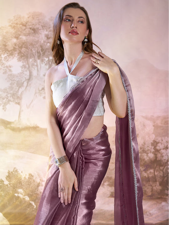 Lavender Organza Solid Saree With Blouse Piece