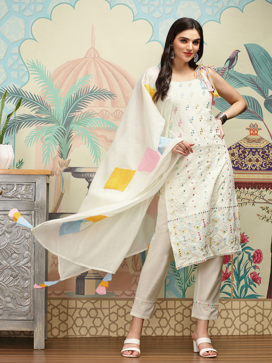 Off White Floral Embroidered Mirror Work Cotton Straight Kurta With Trousers & Dupatta