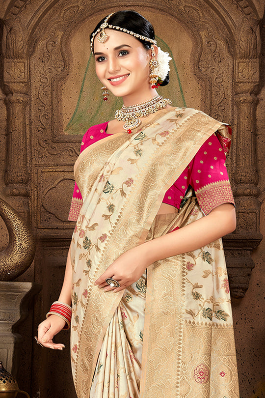 Cream Silk Saree With Blouse Piece