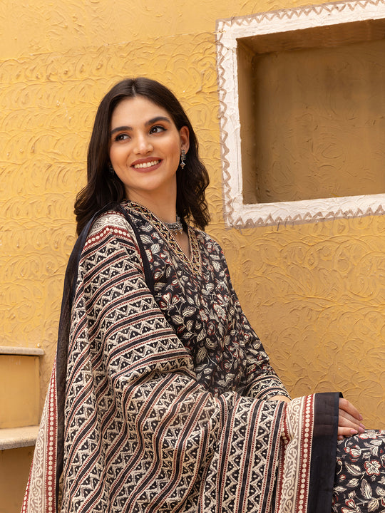 Kalamkari Embellished Cotton Kurta with Afghani Pants & Flowy Mulmul Dupatta