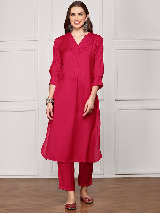 V-Neck  solid Kurta With Trouser