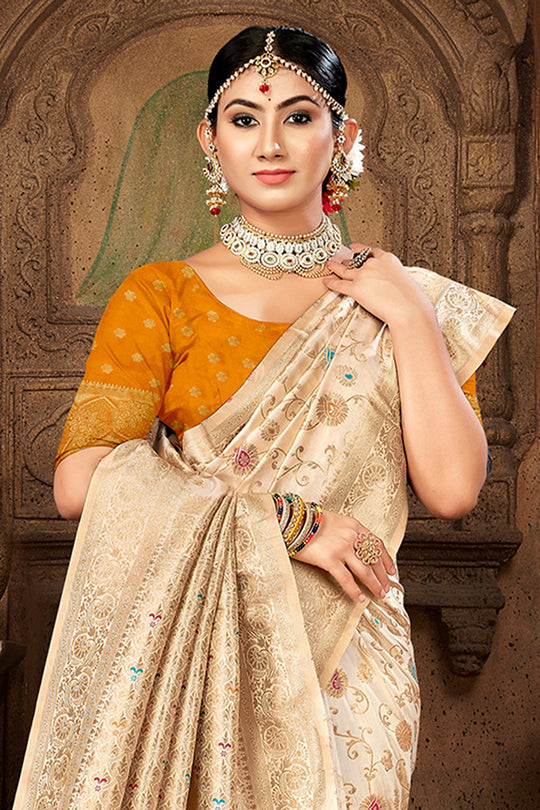 Cream Silk Saree With Blouse Piece