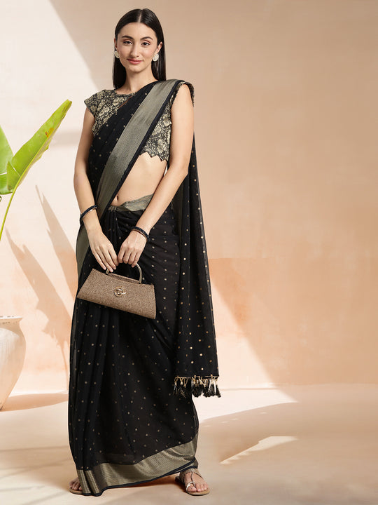 Black Chiffon Ready To Wear Saree With Blouse Piece