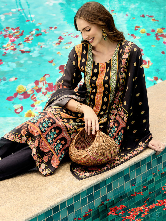 Black Floral Printed Regular Straight Kurta With Trousers & Dupatta