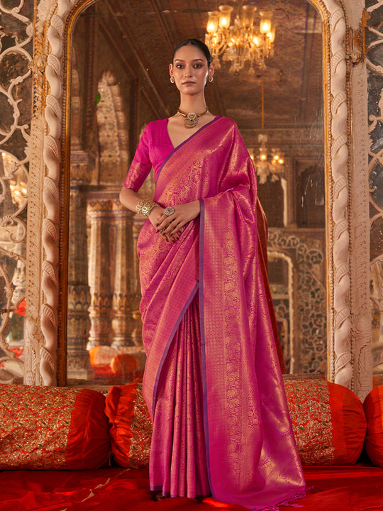 Pink Handloom Weaving Silk Saree With Blouse Piece