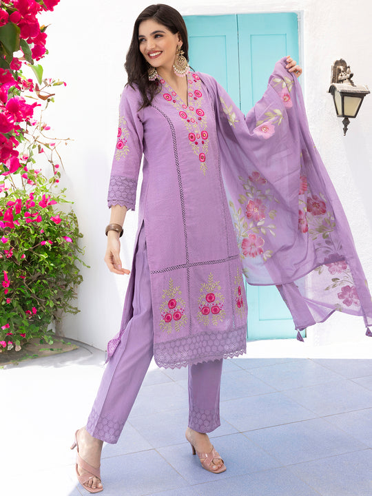 Purple Floral Embroidered Schiffli Pure Cotton Kurta With Trousers & Dupatta