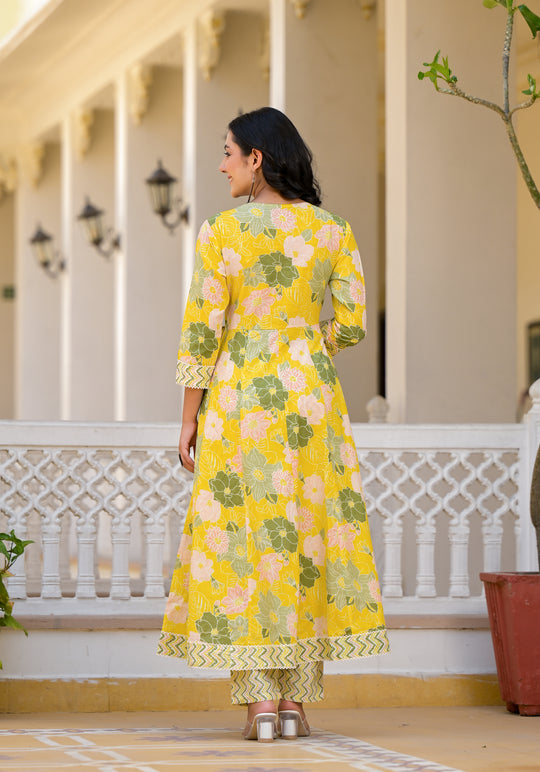 Floral Printed Panelled Beads and Stones Anarkali Kurta With Trouser & Dupatta