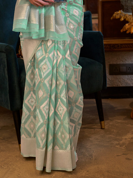 Green Linen Blend Saree With Blouse Piece