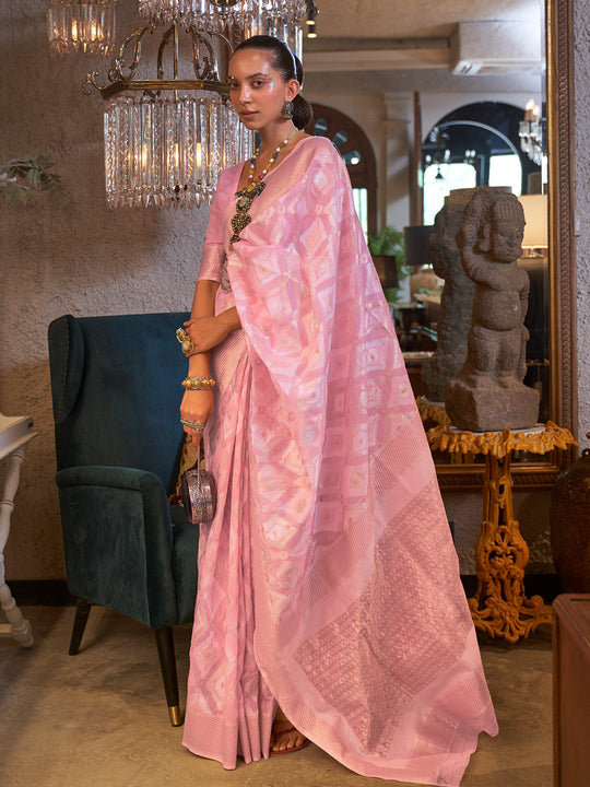 Pink Linen Blend Saree With Blouse Piece