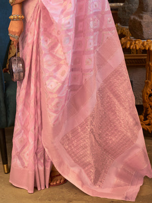 Pink Linen Blend Saree With Blouse Piece