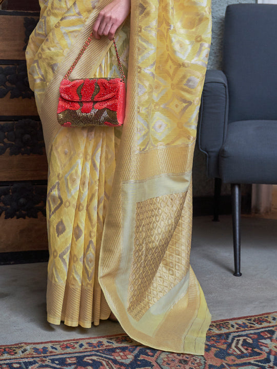 Yellow Linen Blend Saree With Blouse Piece