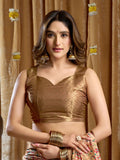 Brown Digital Cluster Print With Banarasi Border & Tassels Saree With Blouse Piece