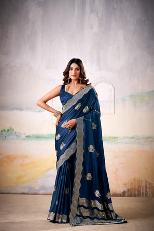 Satin Tissue Woven Design Jacquard Work Handloom  Saree With Blouse Piece