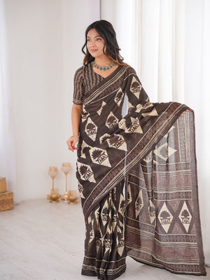 Soft Pure Cotton Hand Bagru Print Sarees With Blouse Pice