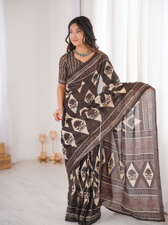 Soft Pure Cotton Hand Bagru Print Sarees With Blouse Pice