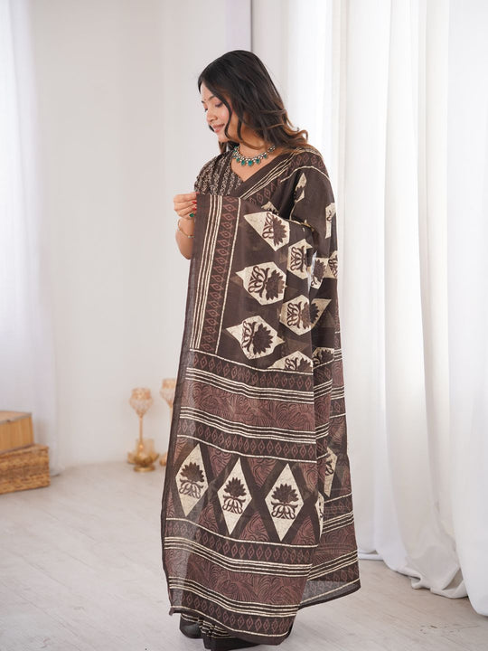 Soft Pure Cotton Hand Bagru Print Sarees With Blouse Pice