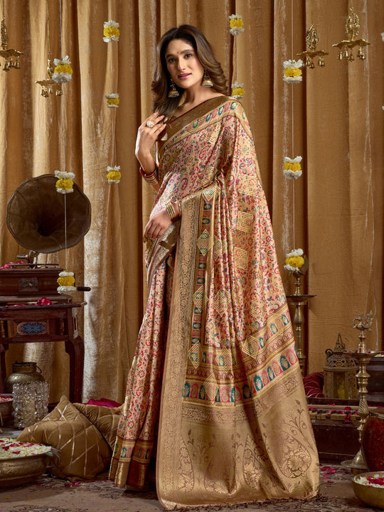 Brown Digital Cluster Print With Banarasi Border & Tassels Saree With Blouse Piece