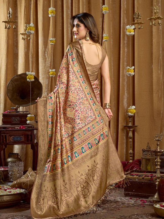 Brown Digital Cluster Print With Banarasi Border & Tassels Saree With Blouse Piece