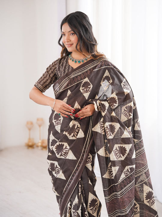 Soft Pure Cotton Hand Bagru Print Sarees With Blouse Pice