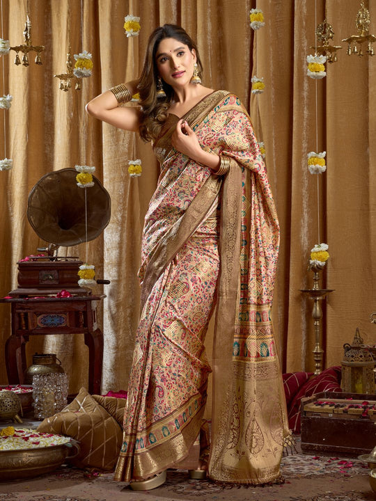 Brown Digital Cluster Print With Banarasi Border & Tassels Saree With Blouse Piece
