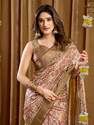 Brown Digital Cluster Print With Banarasi Border & Tassels Saree With Blouse Piece