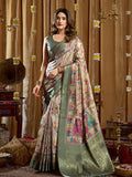 Green Digital Cluster Print With Banarasi Border & Tassels Saree With Blouse Piece