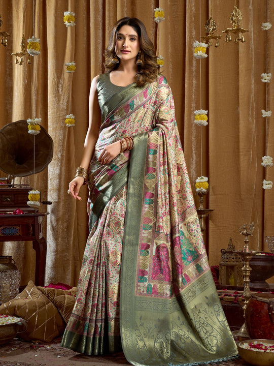 Green Digital Cluster Print With Banarasi Border & Tassels Saree With Blouse Piece