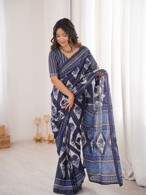 Soft Pure Cotton Hand Bagru Print Sarees With Blouse Pice