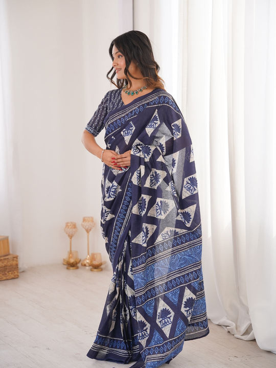 Soft Pure Cotton Hand Bagru Print Sarees With Blouse Pice