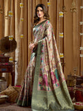 Green Digital Cluster Print With Banarasi Border & Tassels Saree With Blouse Piece