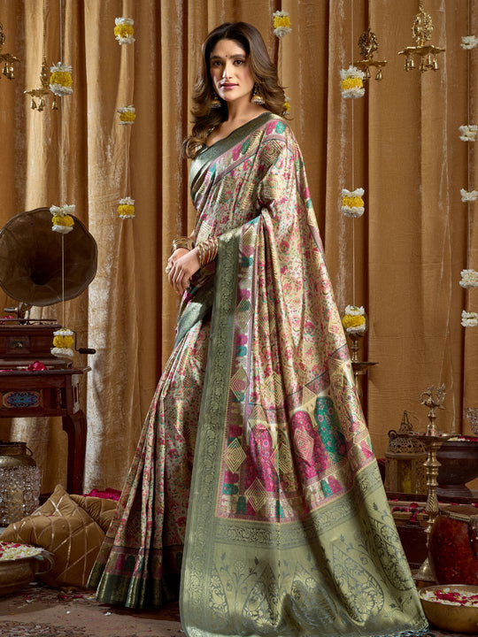 Green Digital Cluster Print With Banarasi Border & Tassels Saree With Blouse Piece