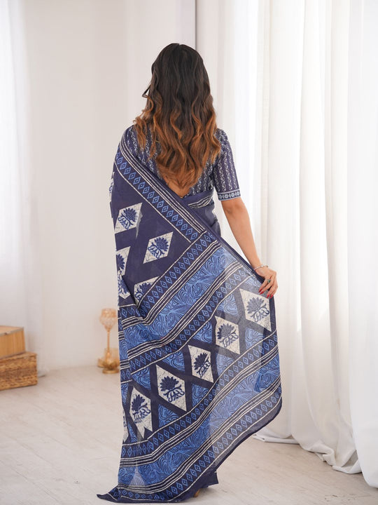 Soft Pure Cotton Hand Bagru Print Sarees With Blouse Pice