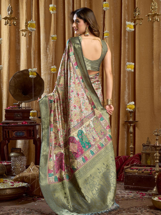 Green Digital Cluster Print With Banarasi Border & Tassels Saree With Blouse Piece