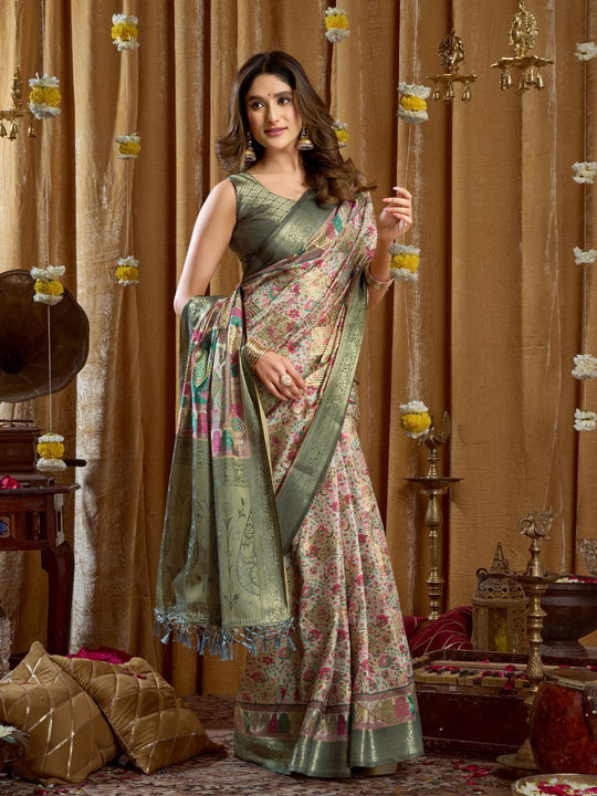 Green Digital Cluster Print With Banarasi Border & Tassels Saree With Blouse Piece