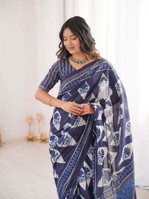 Soft Pure Cotton Hand Bagru Print Sarees With Blouse Pice