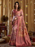 Pink Digital Cluster Print With Banarasi Border & Tassels Saree With Blouse Piece