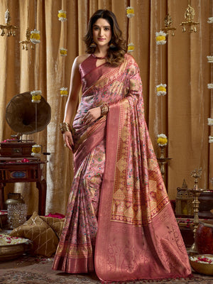 Pink Digital Cluster Print With Banarasi Border & Tassels Saree With Blouse Piece