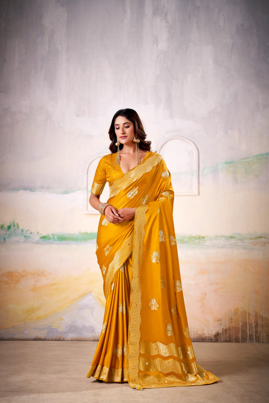 Satin Tissue Woven Design Jacquard Work Handloom  Saree With Blouse Piece