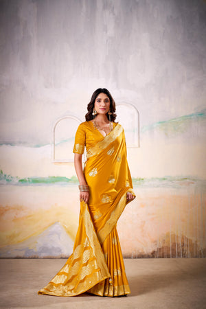 Satin Tissue Woven Design Jacquard Work Handloom  Saree With Blouse Piece