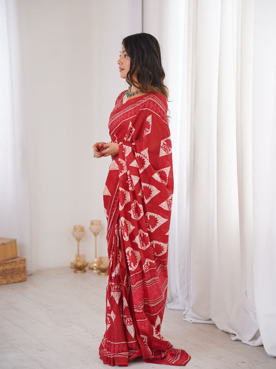 Soft Pure Cotton Hand Bagru Print Sarees With Blouse Pice
