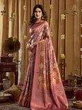Pink Digital Cluster Print With Banarasi Border & Tassels Saree With Blouse Piece