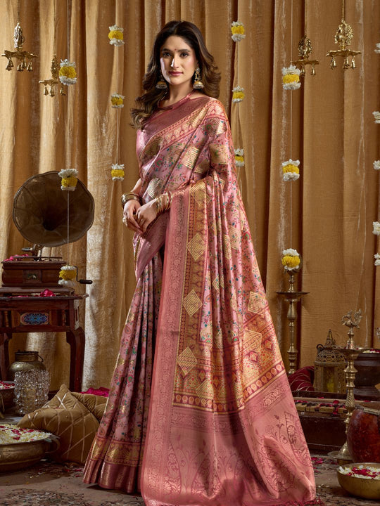Pink Digital Cluster Print With Banarasi Border & Tassels Saree With Blouse Piece