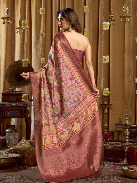 Pink Digital Cluster Print With Banarasi Border & Tassels Saree With Blouse Piece
