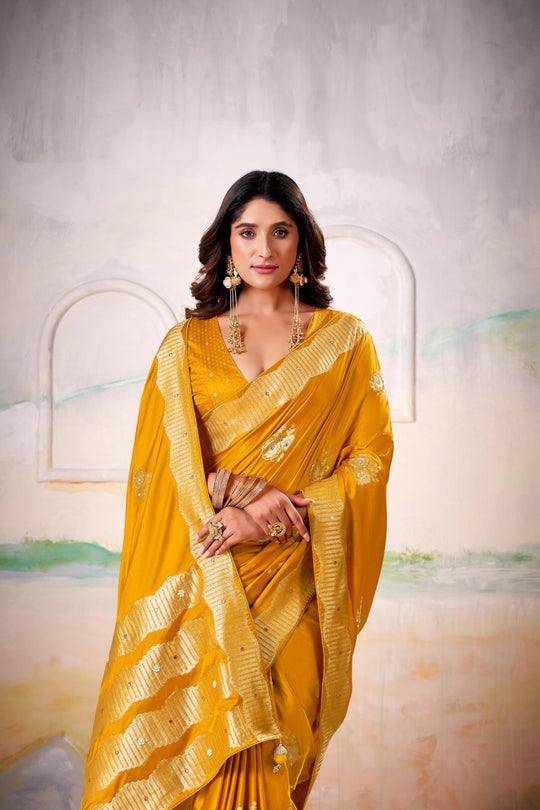 Satin Tissue Woven Design Jacquard Work Handloom  Saree With Blouse Piece