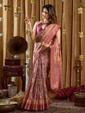 Pink Digital Cluster Print With Banarasi Border & Tassels Saree With Blouse Piece